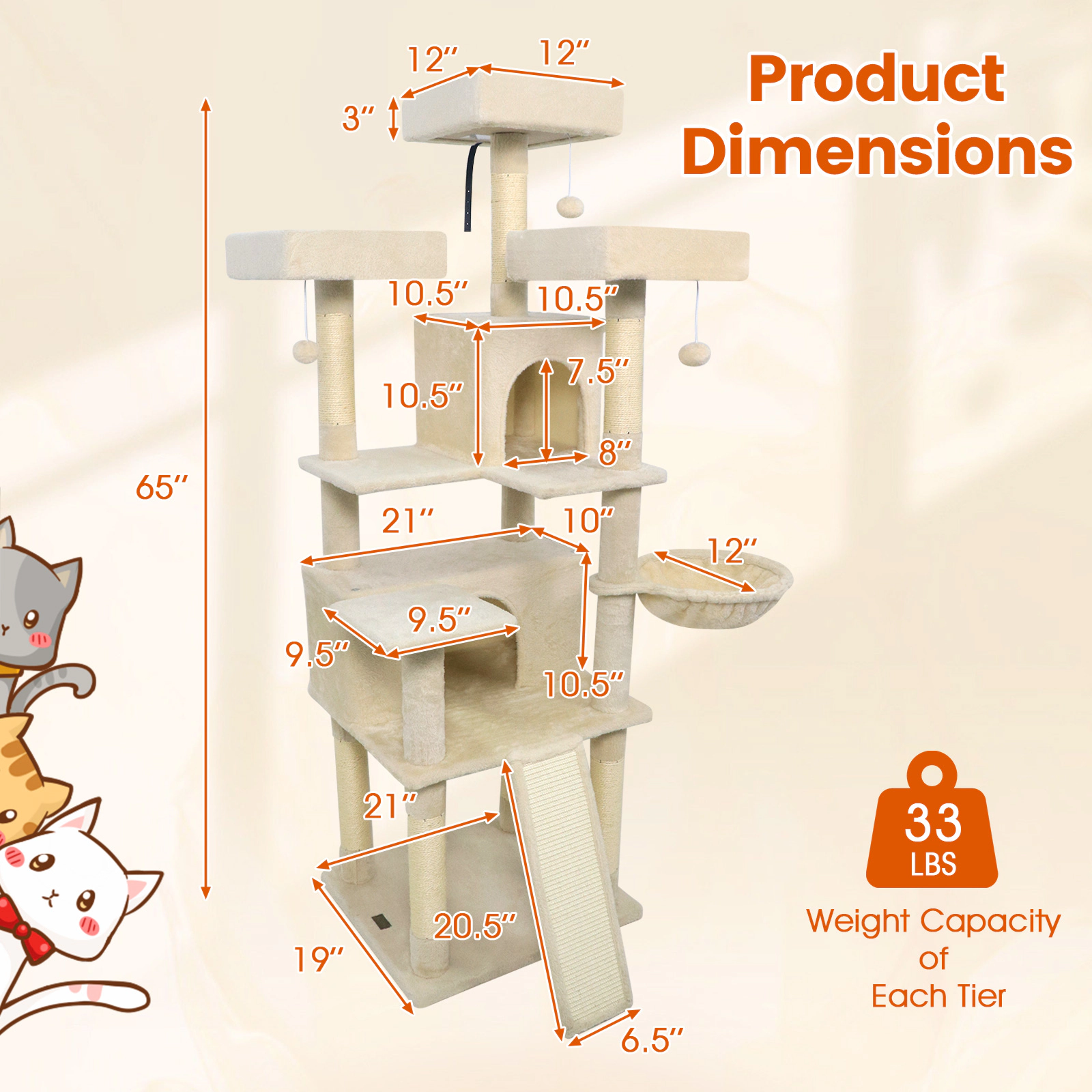 SUGIFT 65-in Tall Multi-level Cat Tree with 3 Upholstered Perches and 2 Cat Condos Beige