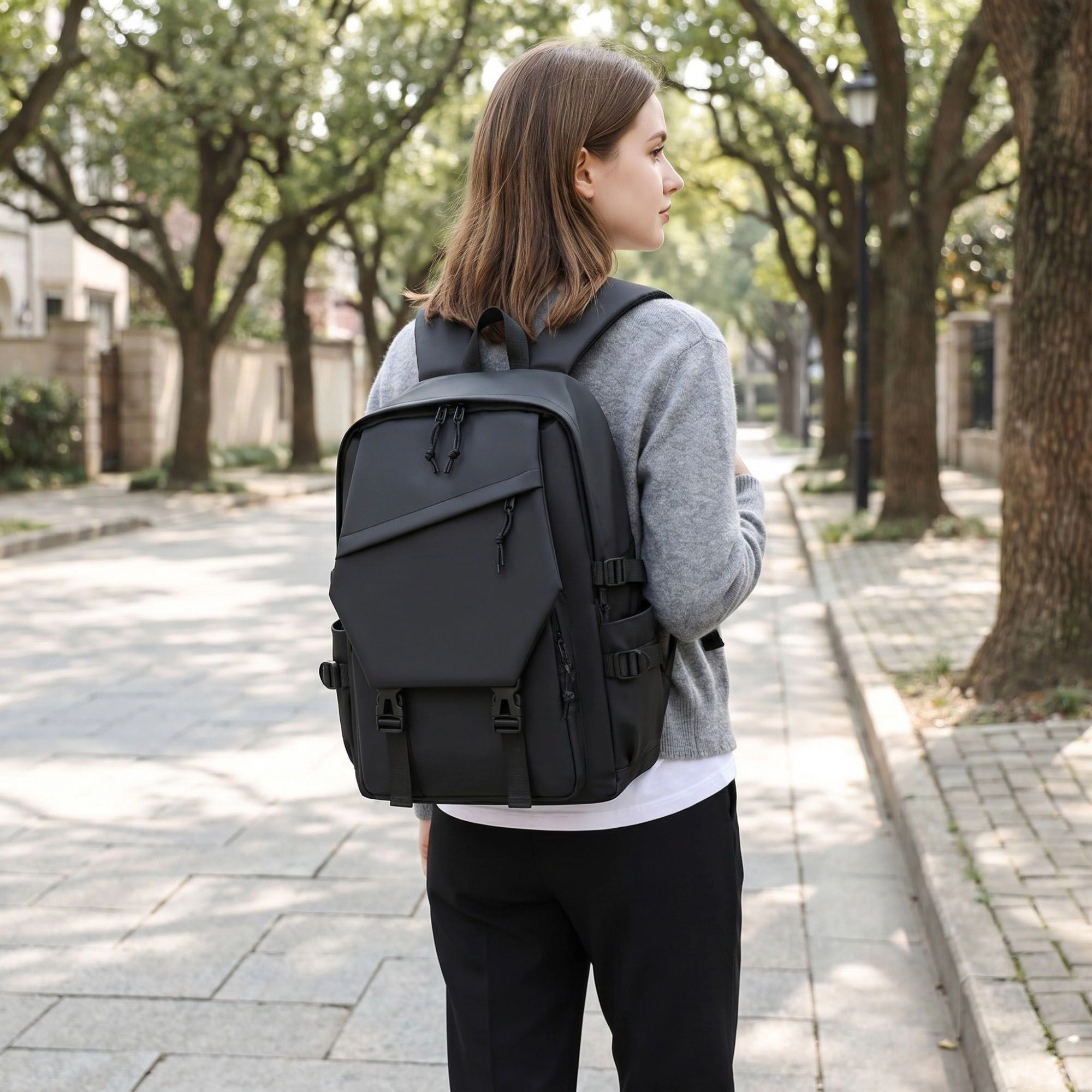 Alilang Women's Multi-Pocket Utility Backpack with Buckle Straps, Side Pockets and Padded Shoulder Straps