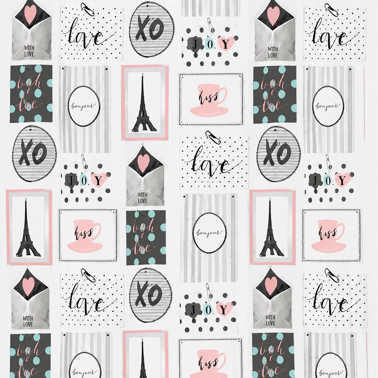 Kate Aurora Chic Bonjour XOXO Parisian Eiffel Tower Mold & Mildew Resistant Fabric Shower Curtain