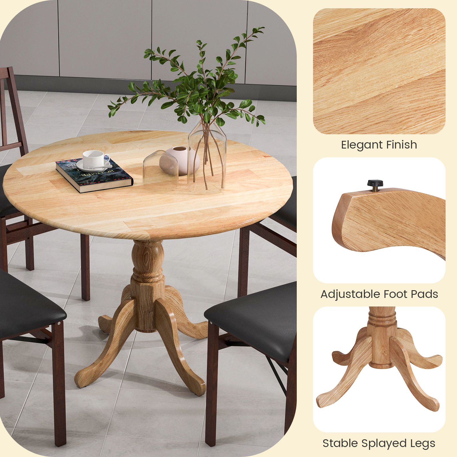 SUGIFT Wooden Round Dining Table with Curved Trestle Legs 220-Lb Capacity Natural