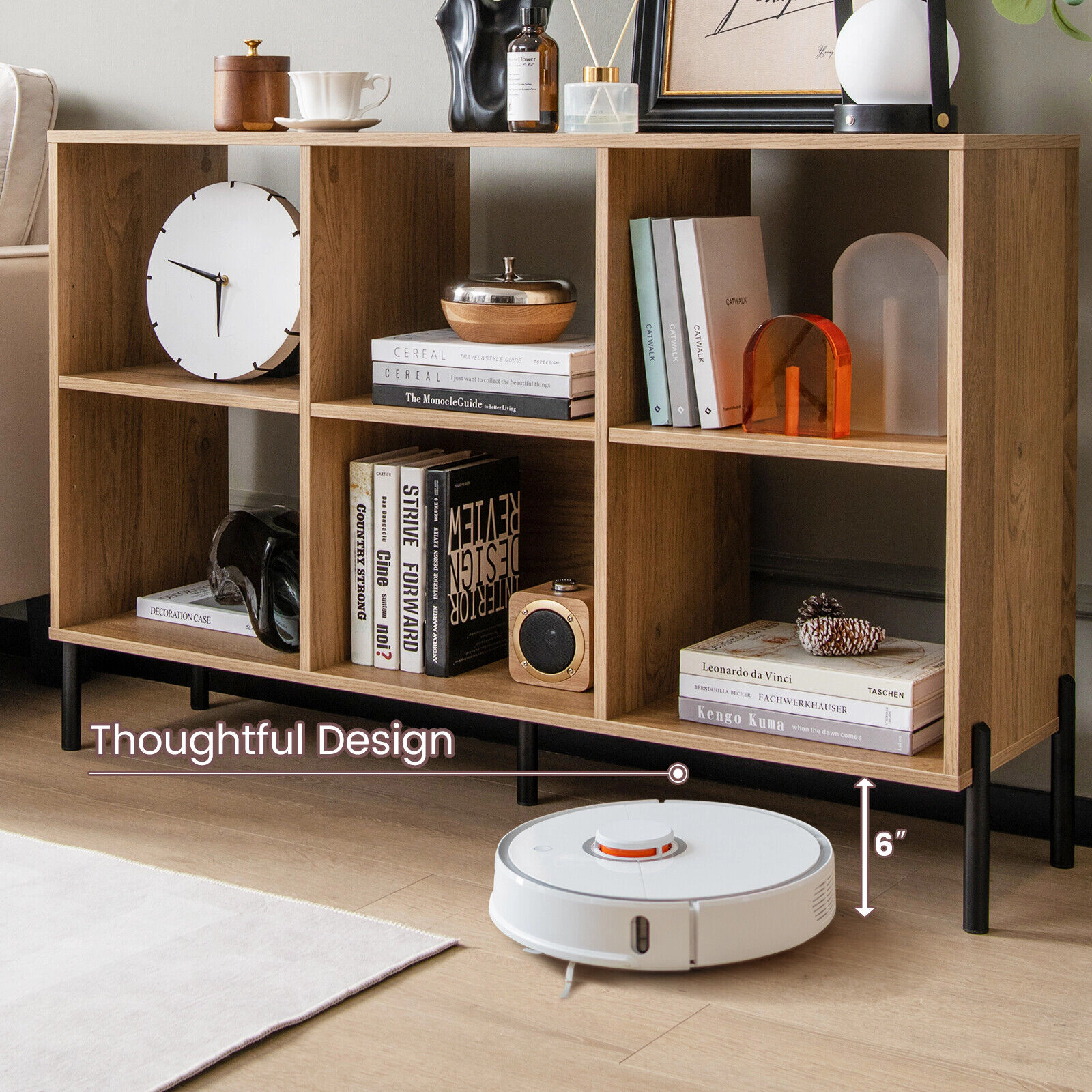 SUGIFT Natural Open-Back Bookshelf with Drawer 5 Metal Legs and 6 Cubes