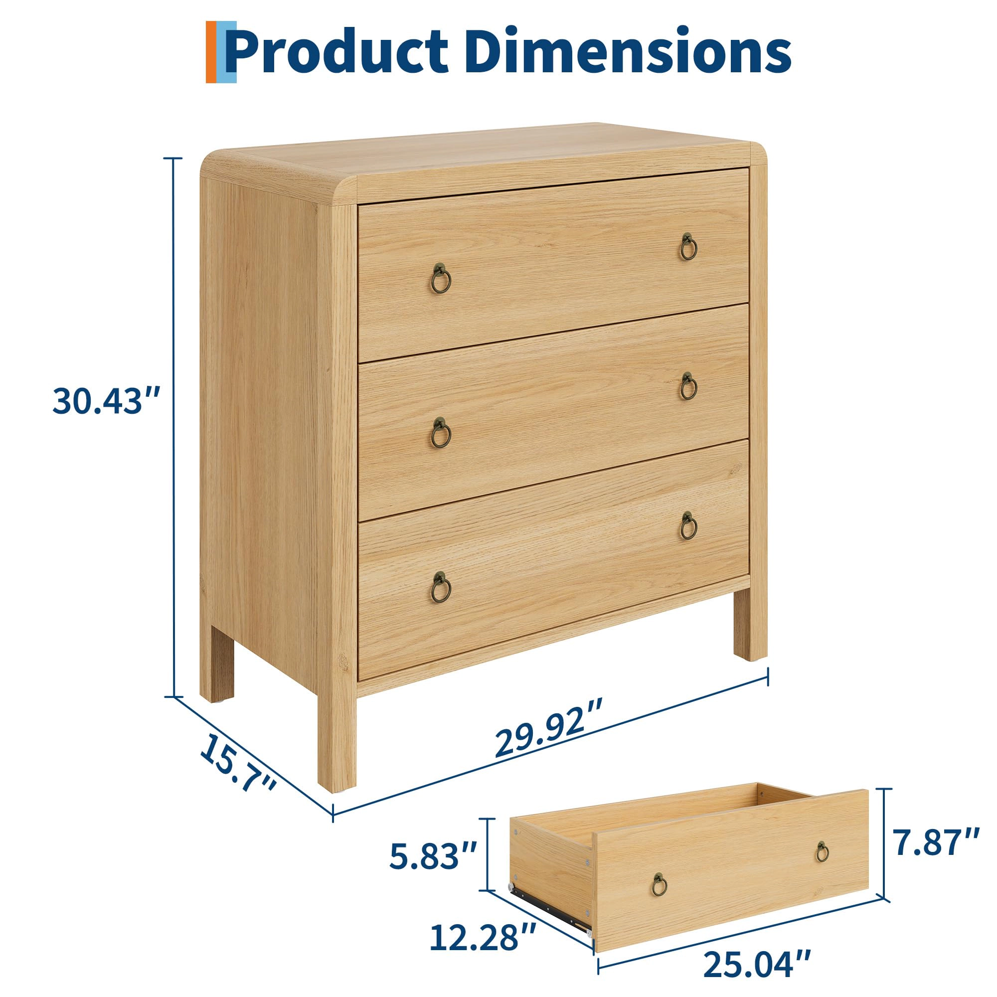 3 Drawer Dresser for Bedroom, 30" Tall Storage Chest, Nightstand with Large Clothes Organizer