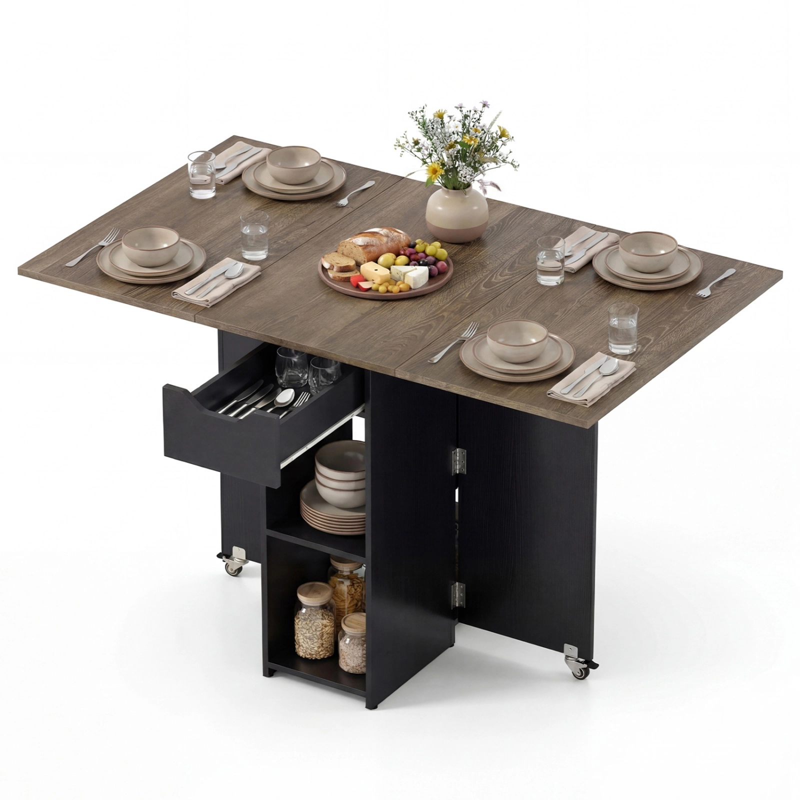 SUGIFT 47.5-Inch Oak Drop-Leaf Dining Table with Drawer, Shelves and Lockable Wheels