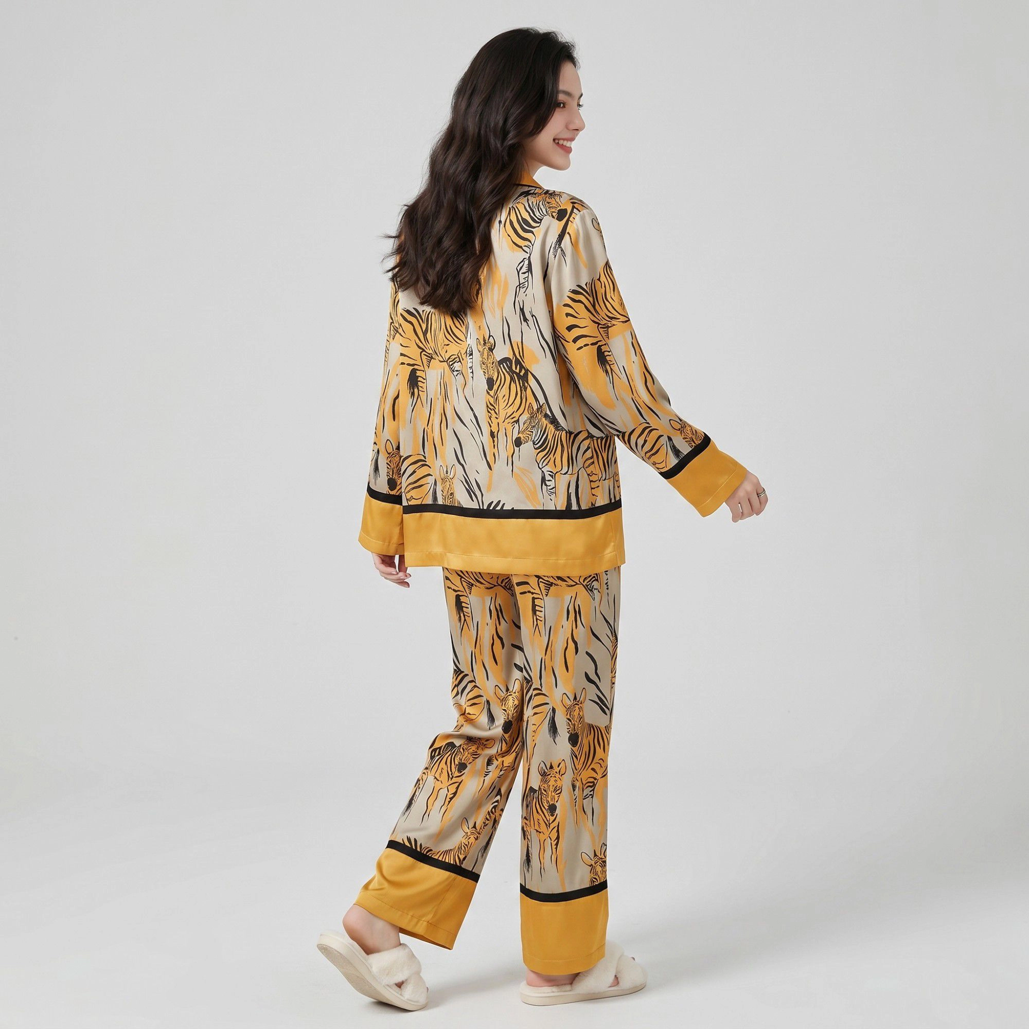 Anna-Kaci Women's 2-Piece Tiger Print Pajama Set with Button Front Top and Wide Leg Pants
