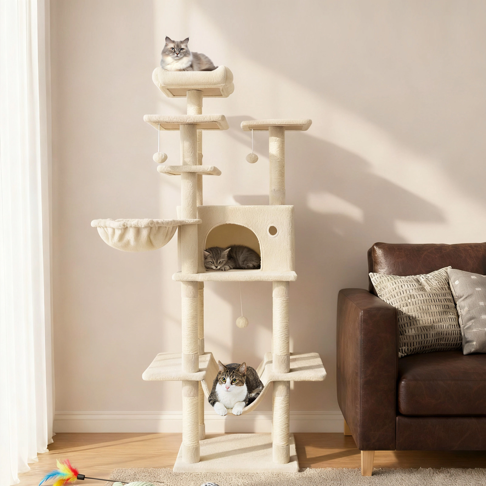 Glintex 63-Inch Cat Tower with Mini-Window Condo Rotatable Basket and Hammock