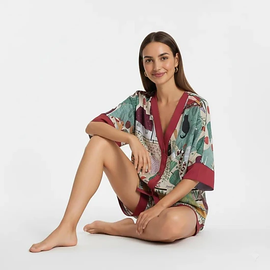 Anna-Kaci Women's Animal Print Pajama Set with Short Sleeves Button Up Top and Contrast Trim Shorts