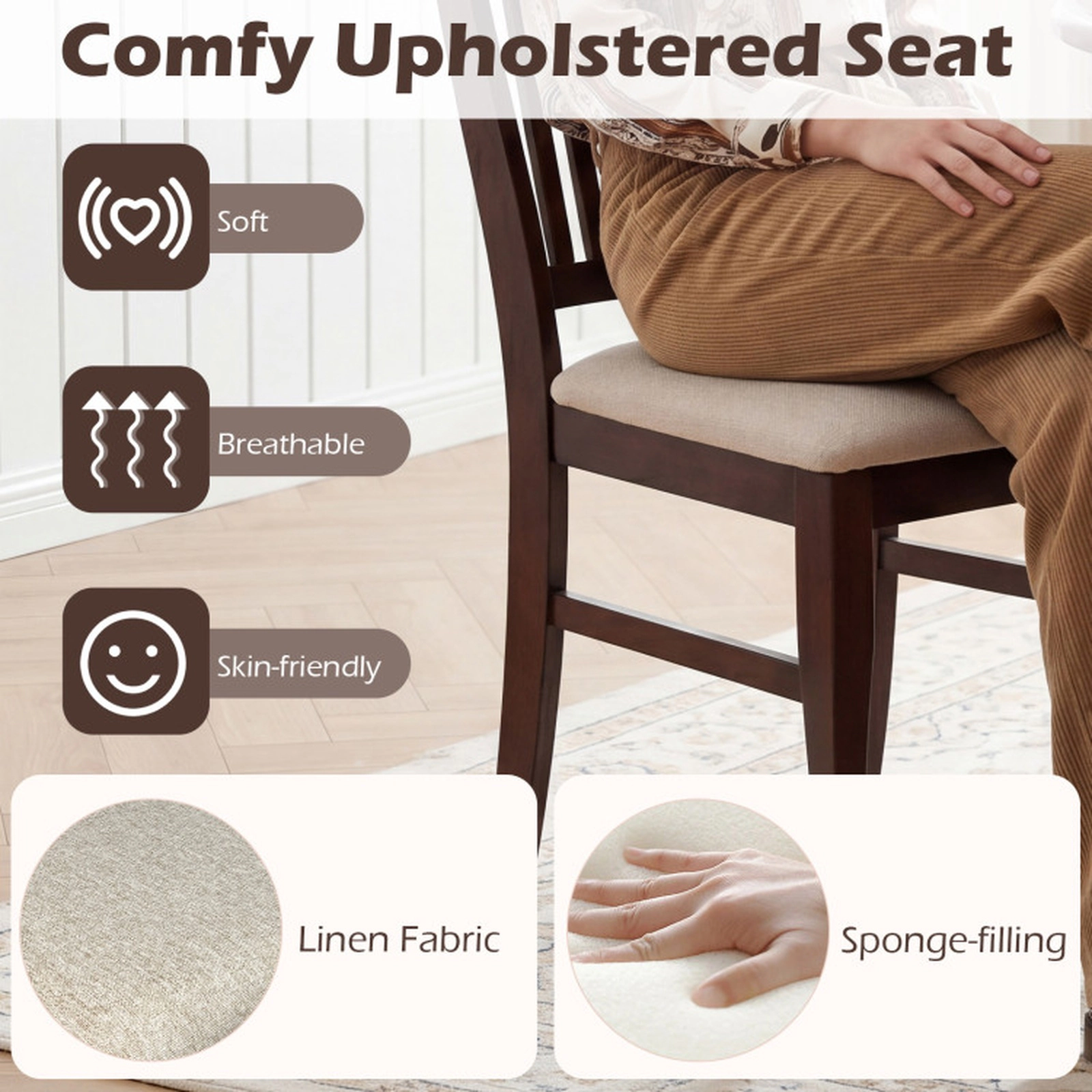 SUGIFT Set of 4 Kitchen Side Chairs with Rubber Wood Frame & Comfy Padded PU Leather Seat 400-lb Capacity Brown & White