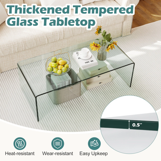 Glintex 42.5-Inch Clear Tempered Glass Coffee Table with Rounded Edges, Transparent