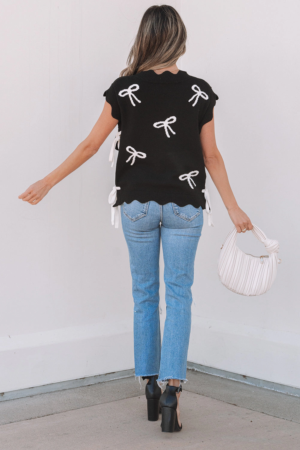 Threaded Pear Women's Dayana Bow Print Side Ties Sweater Top
