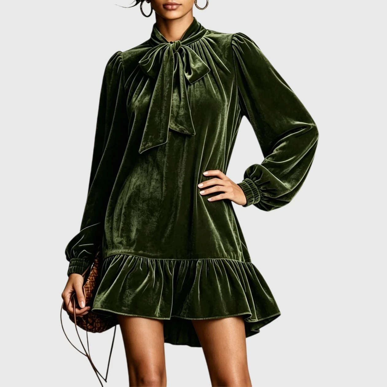 YesFashion Womens Velvet Mini Dress Tie Neck Lantern Sleeve Ruffle Hem Party Wedding Guest