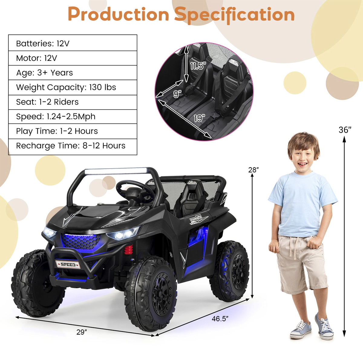 SUGIFT 12V 130-lb Capacity Black 2-Seater Kids Ride On UTV with Remote Control Spring Suspension and Lockable Doors