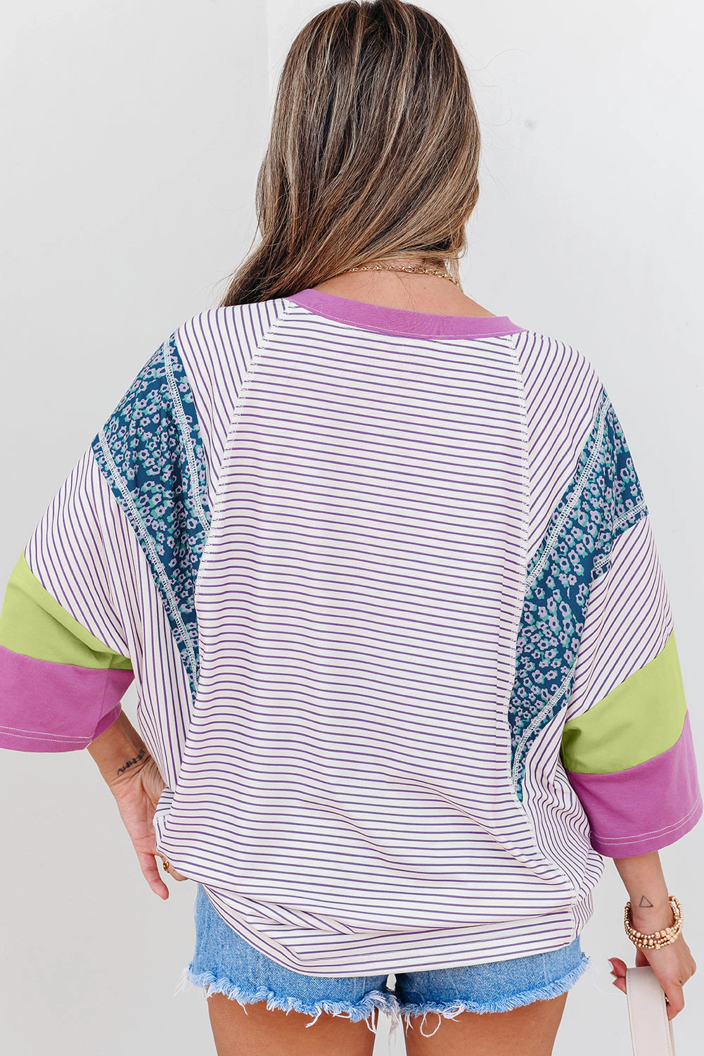 Threaded Pear Women's Kyra Patchwork Bracelet Sleeve Blouse