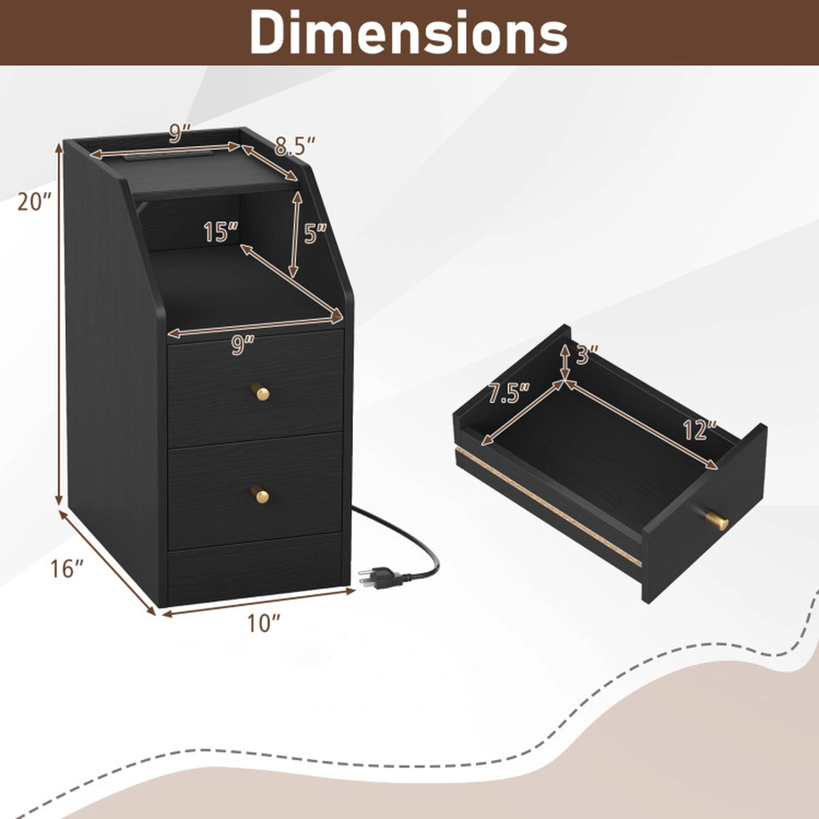 SUGIFT Set of 2 Charging Station 2 Drawers Open Shelf Narrow End Tables 16-in x 10-in x 20-in 35-lb Capacity Black