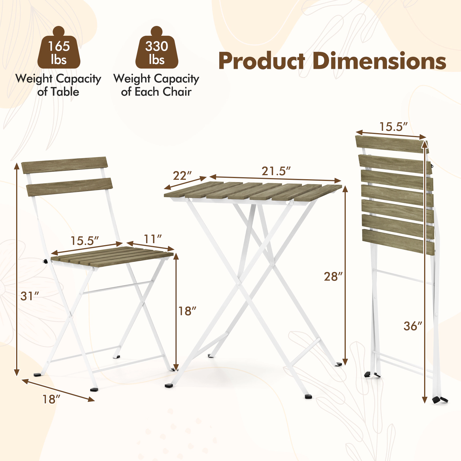 SUGIFT 3-Piece Acacia Wood Bistro Set with 2 Folding Chairs and Slatted Table