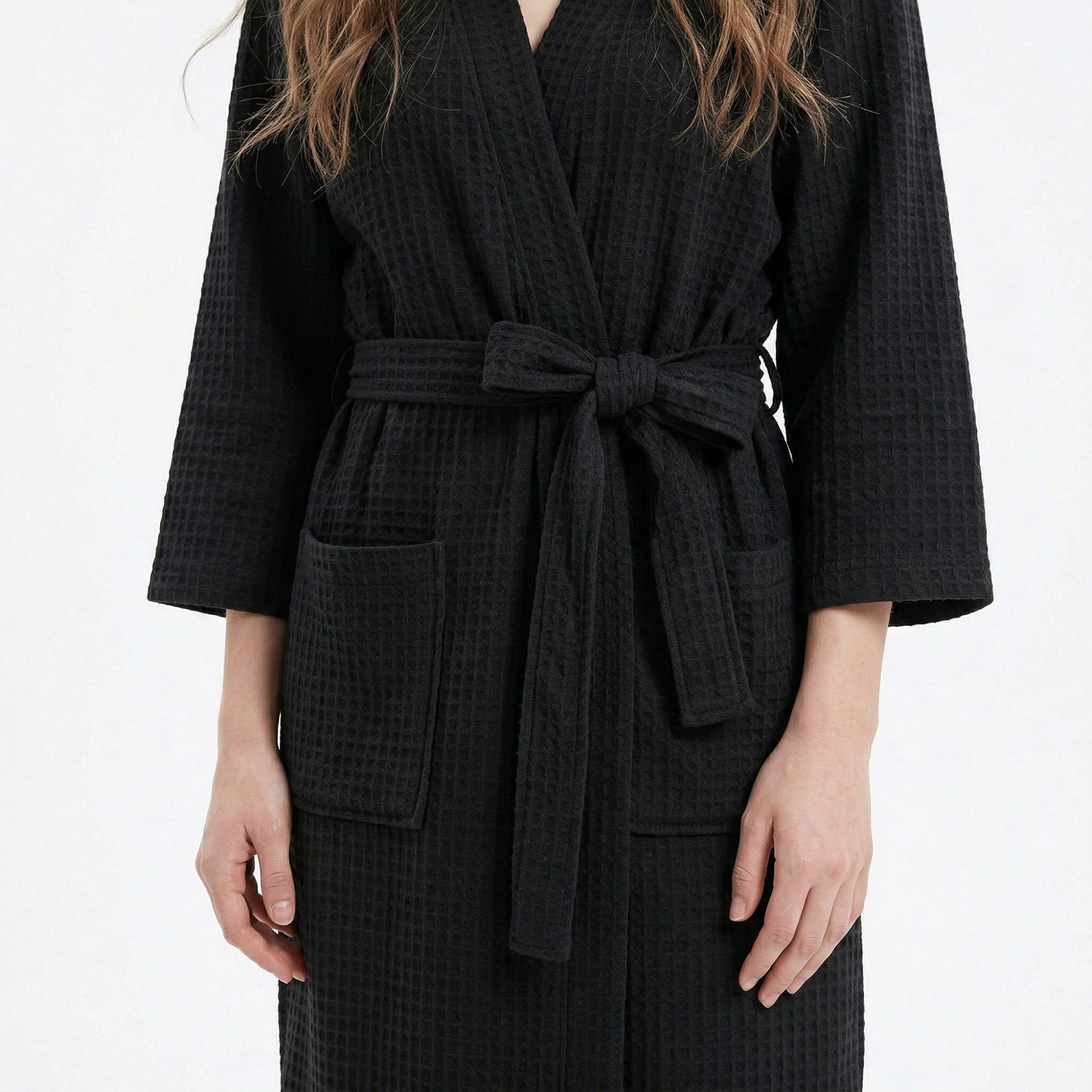 Anna-Kaci Women's Textured Knit Wrap Bathrobe Three Quarter Sleeves Adjustable Waist Tie Design and Front Pockets