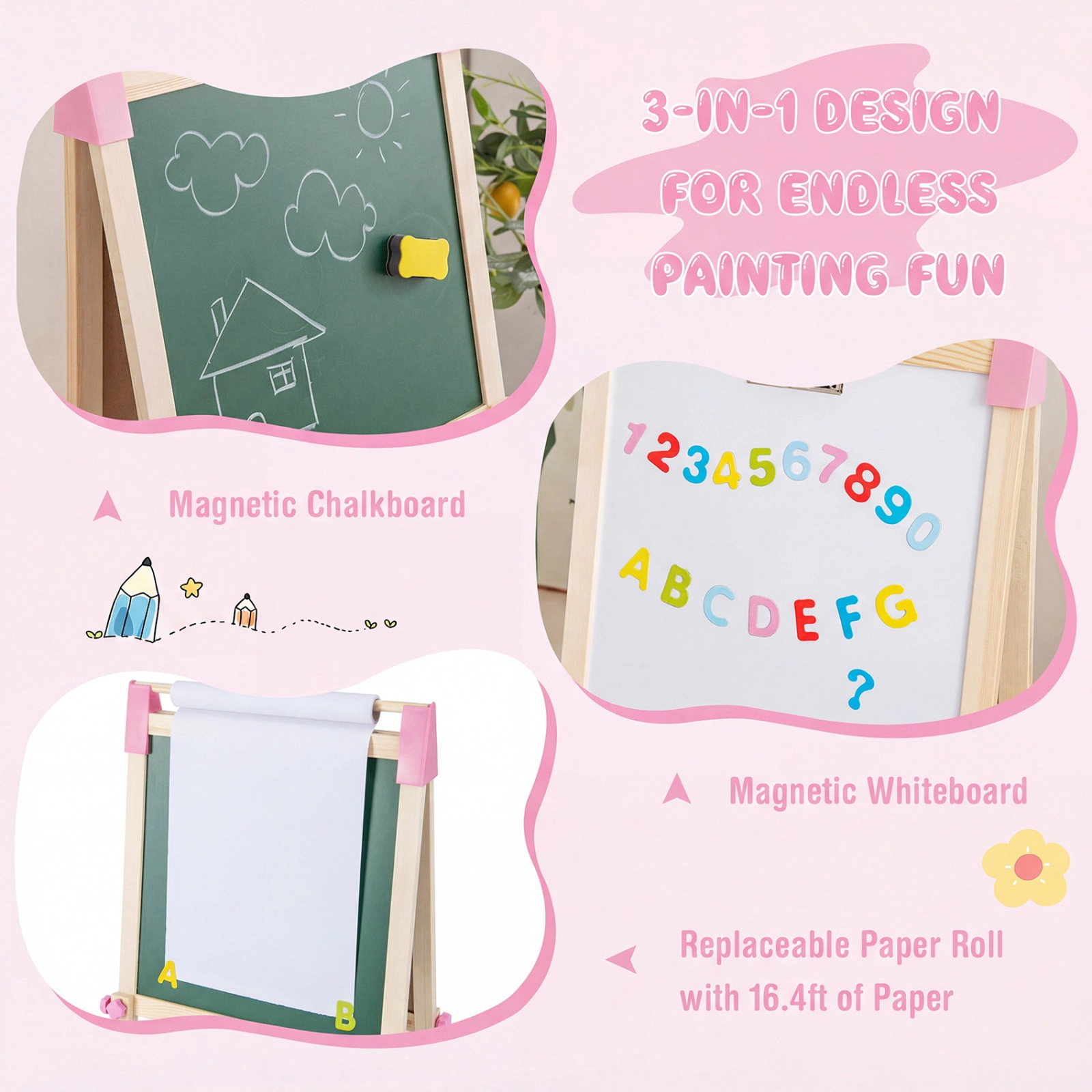 SUGIFT Pink Paper Roll and Storage Bag 3-in-1 Double-Sided Adjustable Kids Easel