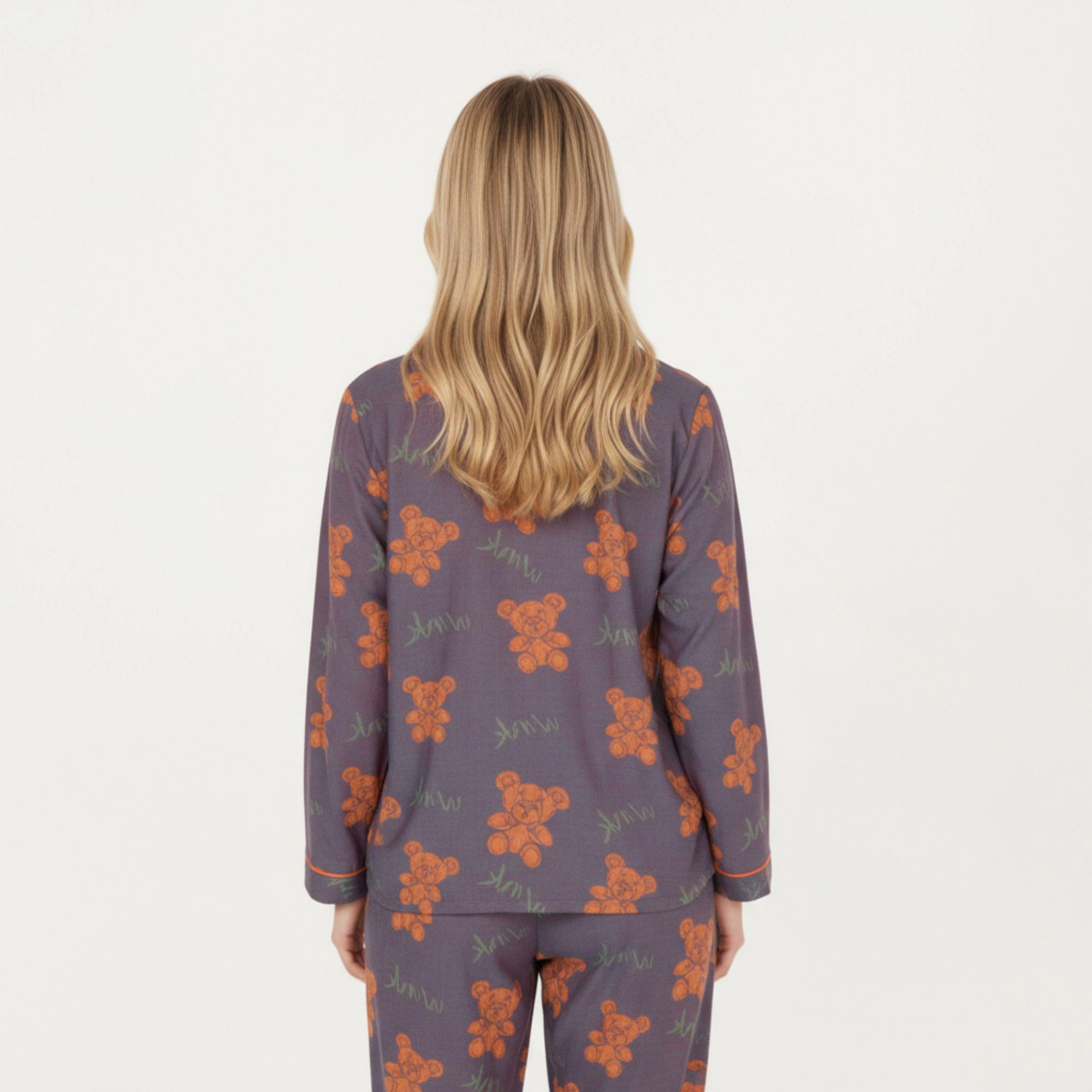 Anna-Kaci Women's 2-Piece Teddy Bear Print Button Up Long Sleeve Pajama Top and Relaxed Fit Pants