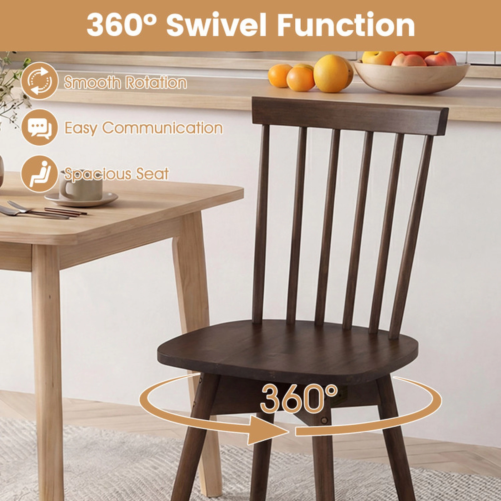 SUGIFT Wide Swivel Seat Rubber Wood Windsor Dining Chairs Set of 2 330-lb Capacity 35-in Tall Natural/Walnut