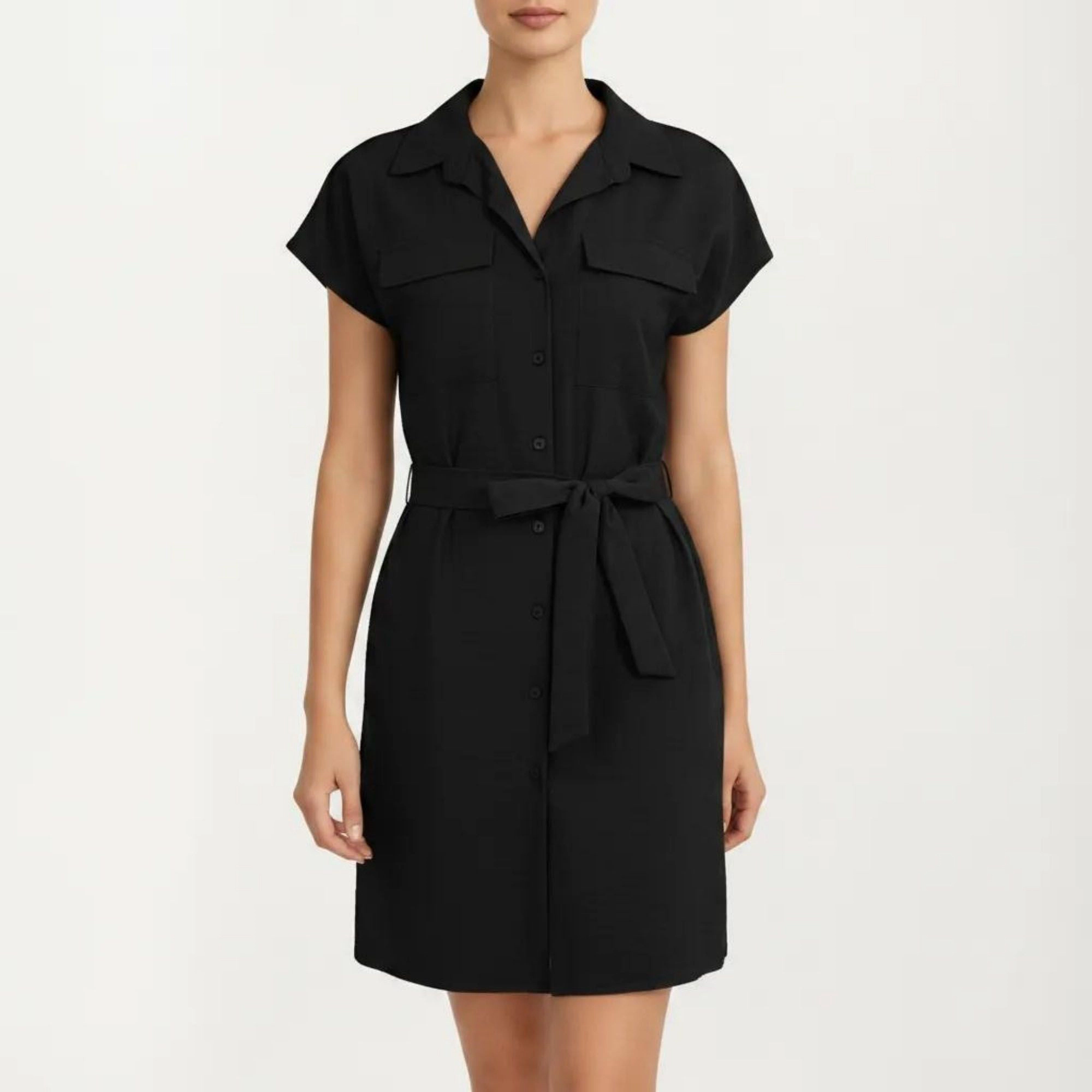 Anna-Kaci Women's Short Sleeve Button Front Collared Neck Adjustable Waist Tie Shirt Dress