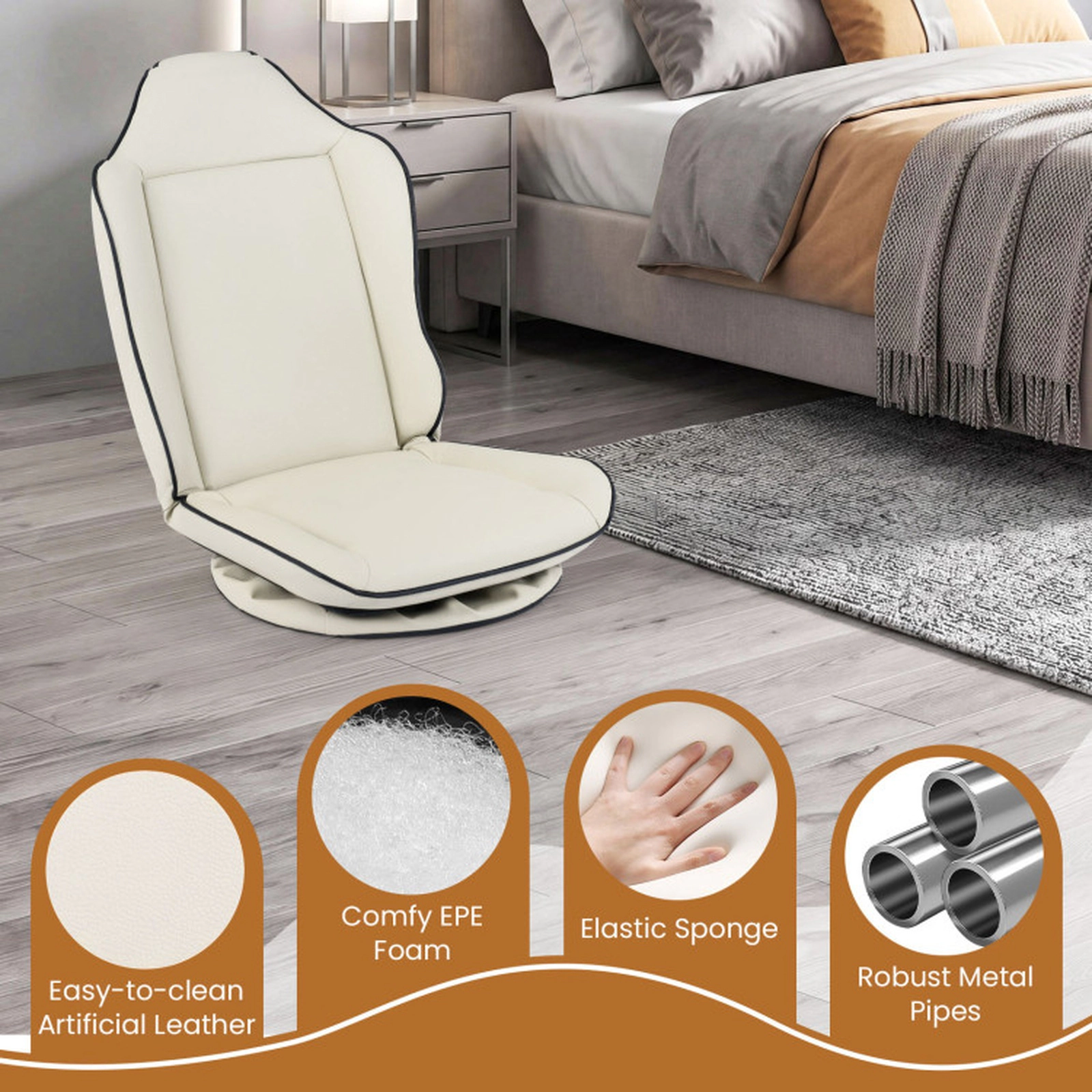 SUGIFT Artificial Leather 360° Swivel Floor Gaming Chair 5-Level Backrest 330-lb Capacity 23.5 x 22 x 30.5-in Beige