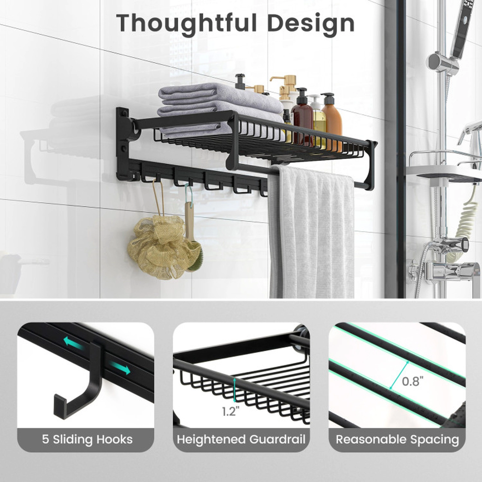 SUGIFT Wall Mounted Space Aluminum Foldable Towel Shelf Adjustable Towel Bar 4 Fixed 5 Movable Hooks 23.5-in Wide Black