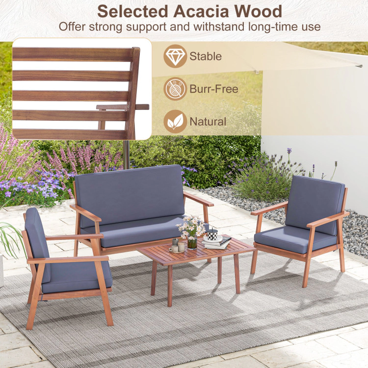 Hivvago 4 Piece Outdoor Acacia Wood Conversation Set With Soft Seat And Back Cushions