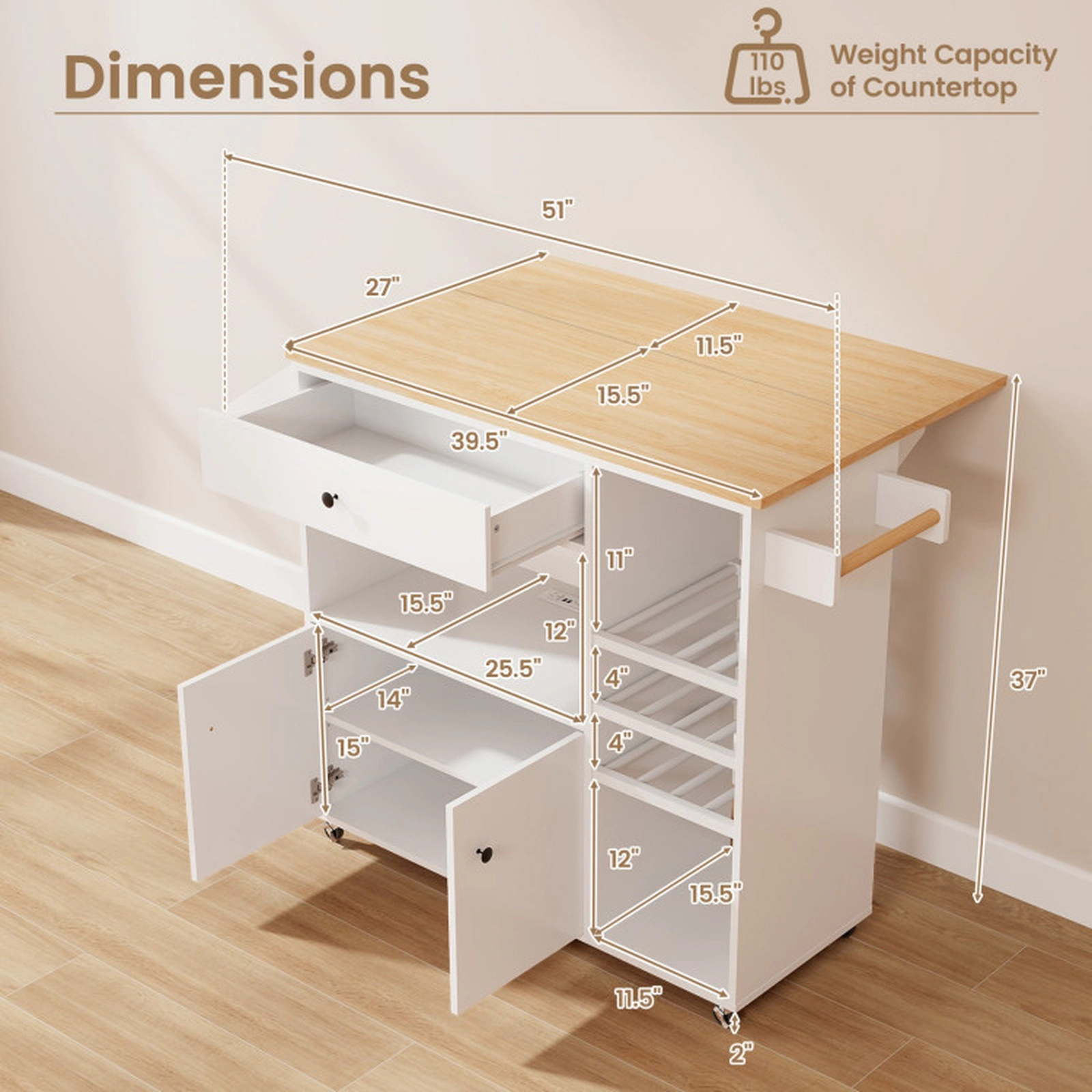 SUGIFT Drop Leaf Mobile Kitchen Island White with Power Outlet and Adjustable Shelf