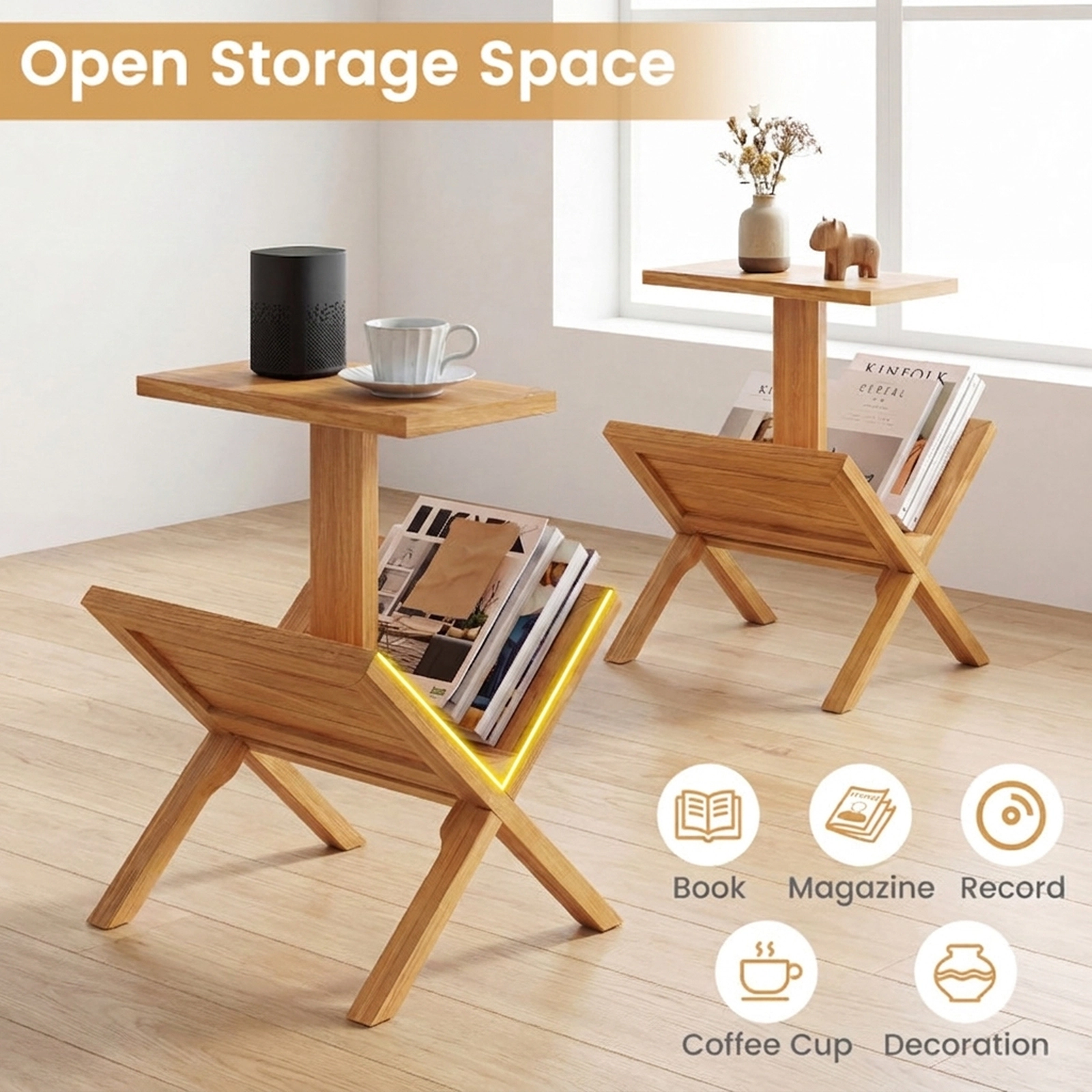 SUGIFT Natural Teak Wood Side Table, 20.5 in, Magazine Rack and Open Storage Shelves