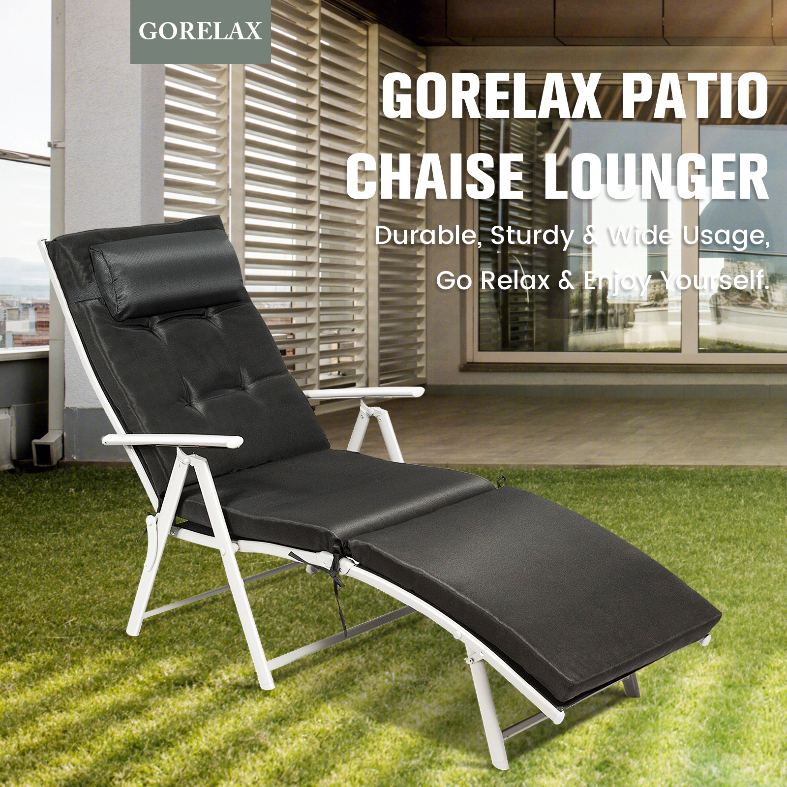 SUGIFT Adjustable 7-Position Outdoor Folding Chaise Lounge Chair with Pillow 330-lb Capacity Black