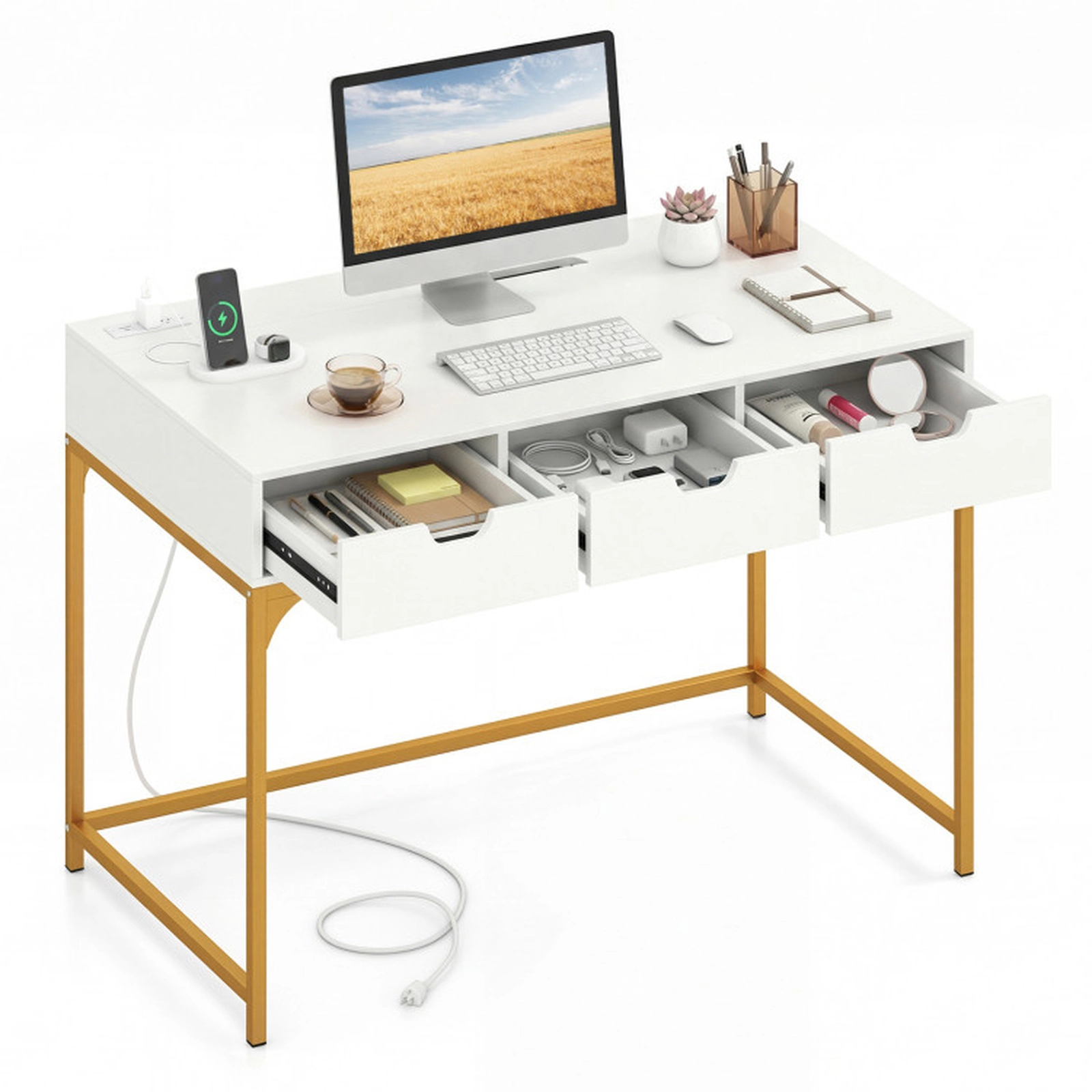 SUGIFT Office Desk with Power Outlets Hidden Compartment and Drawers 200-Lb Capacity 43.5-in Wide Engineered Wood White