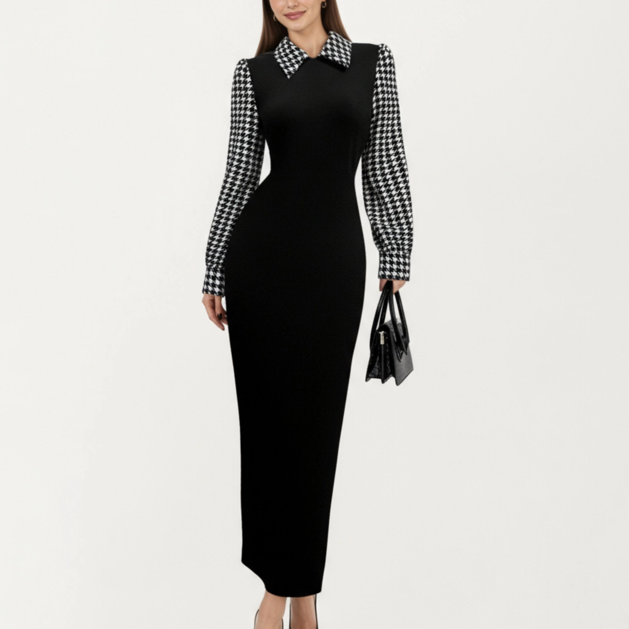 Anna-Kaci Women's Long Sleeve Houndstooth Collar Fitted Silhouette Contrast Maxi Dress