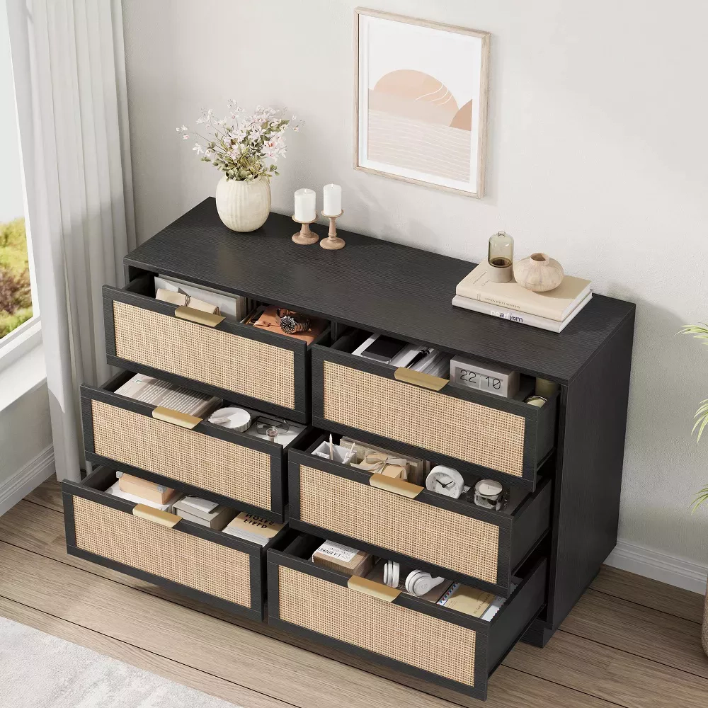 Rattan 6 Drawer Dresser with Metal Handles, 47" Wide Double Storage Chest for Bedroom Home Office