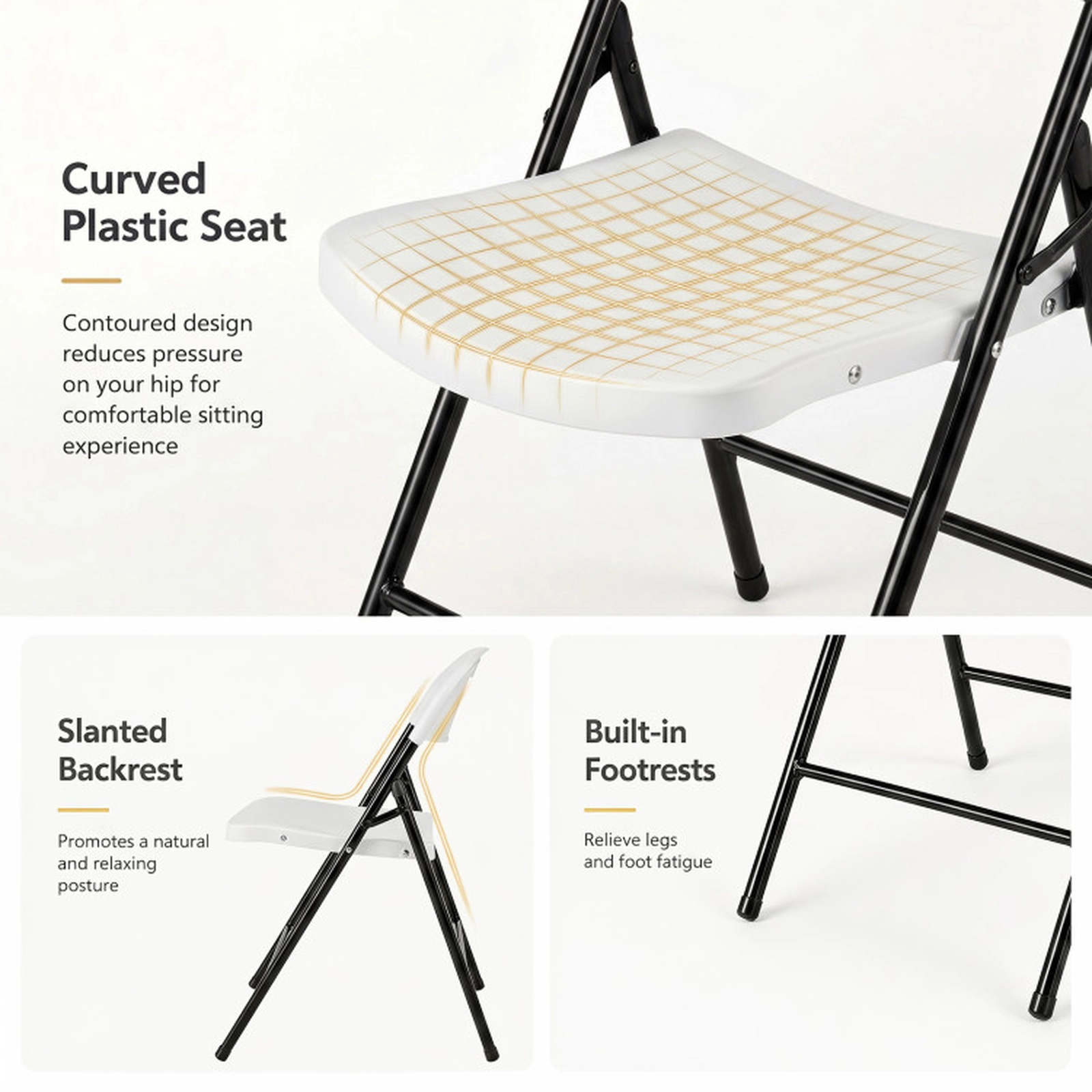 SUGIFT Foldable Plastic Dining Chair Set with Ergonomic Backrest 330-Lb Capacity White/Black