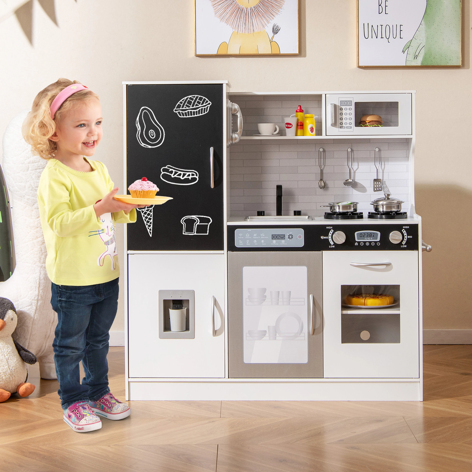 Pretend Play Kitchen for Kids Lighted Water Dispenser Dishwasher Chalkboard Utensils 36-in x 12-in x 39-in Silver