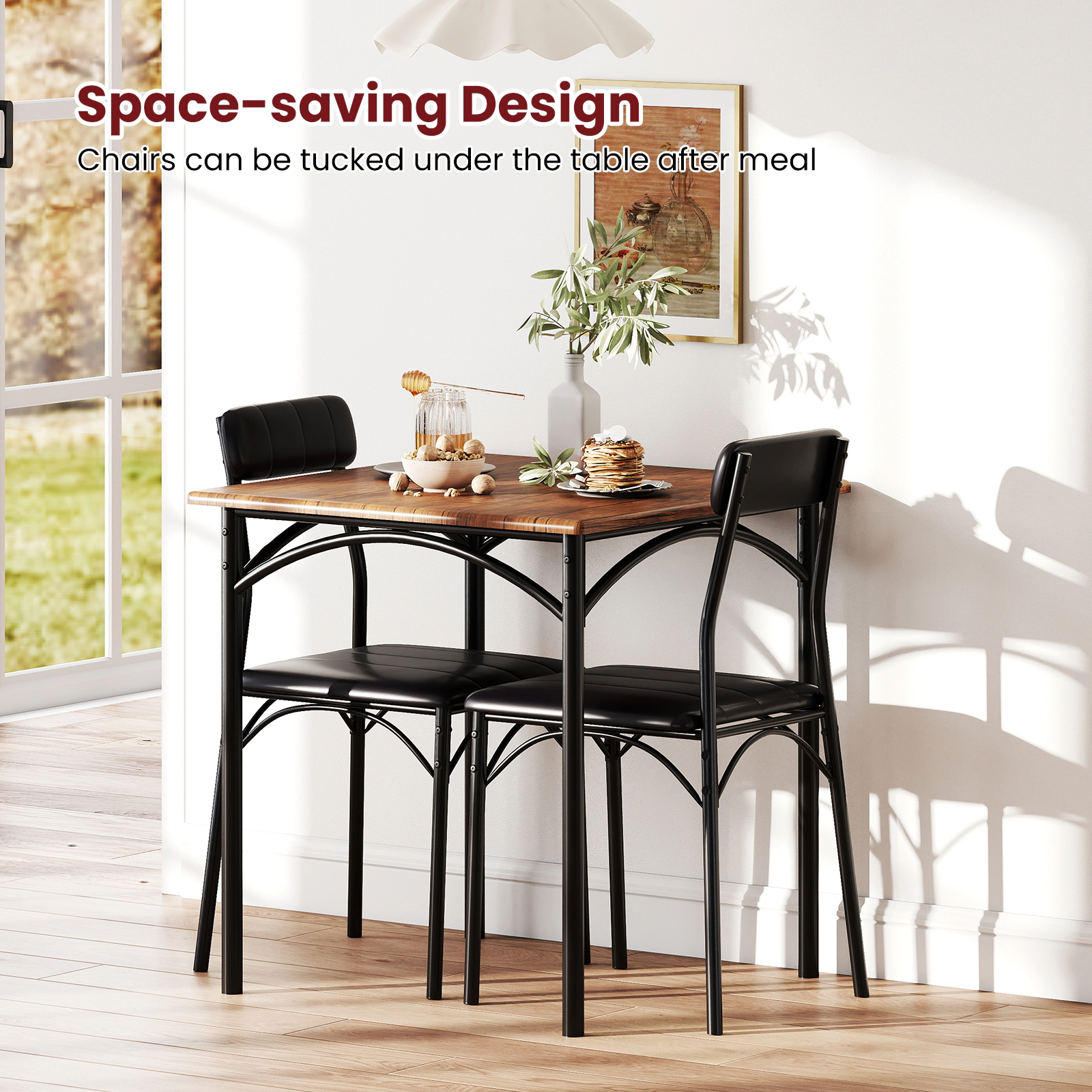 SUGIFT 3-Piece Rustic Brown Dining Set, 29-Inch Square Table and 2 PU Leather Chairs