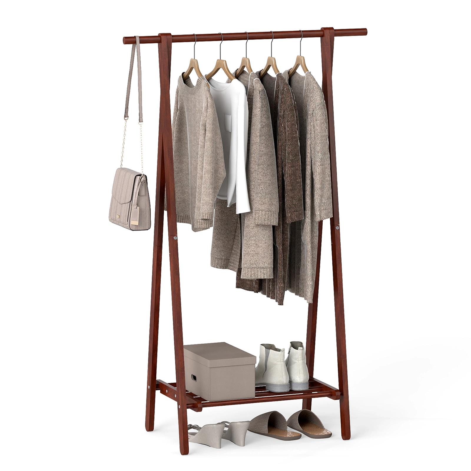 SUGIFT Folding Rubber Wood Clothes Rack Walnut with Bottom Storage Shelf