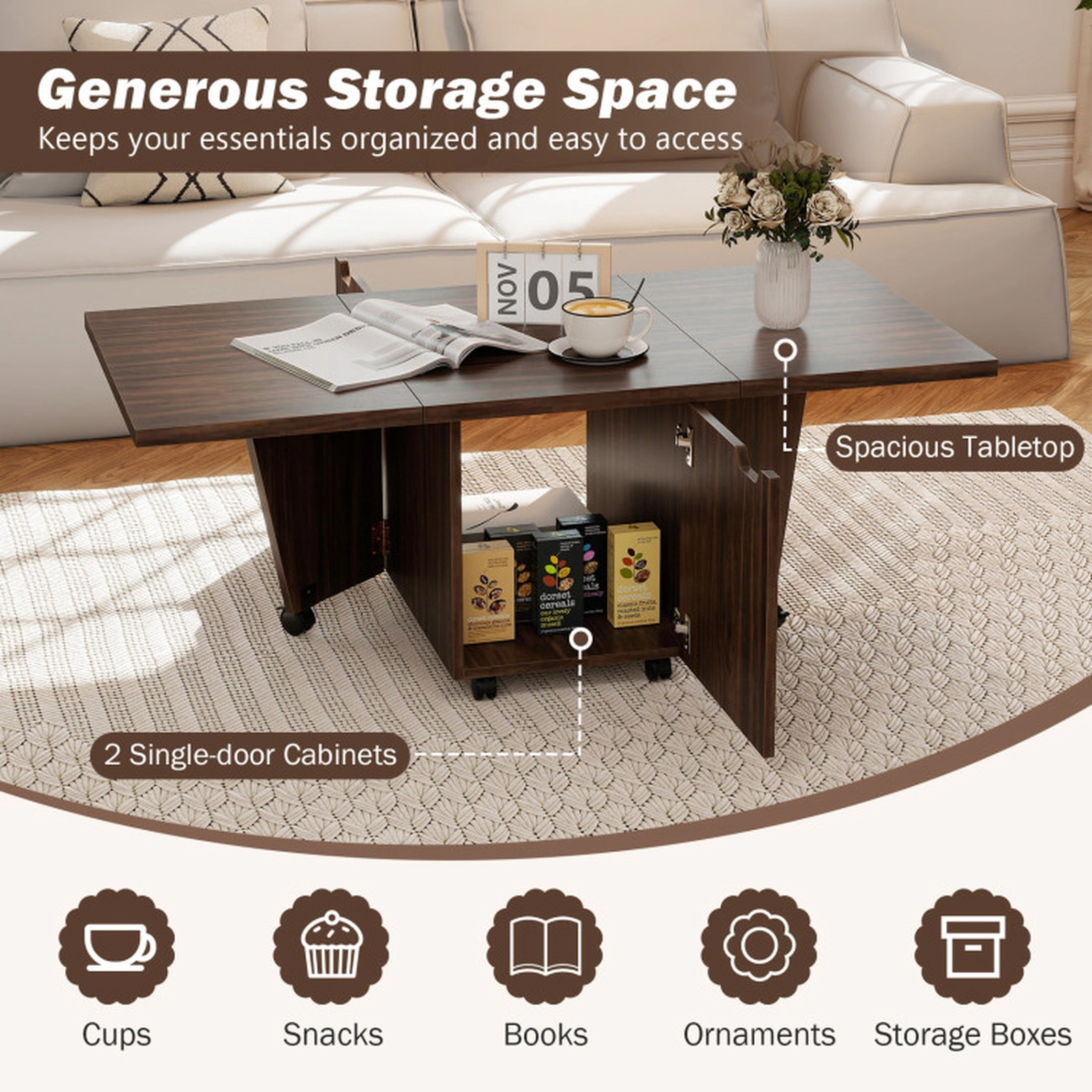 SUGIFT Foldable Coffee Table with Storage Cabinet Extendable Center Tabletop 155-lb Capacity Walnut