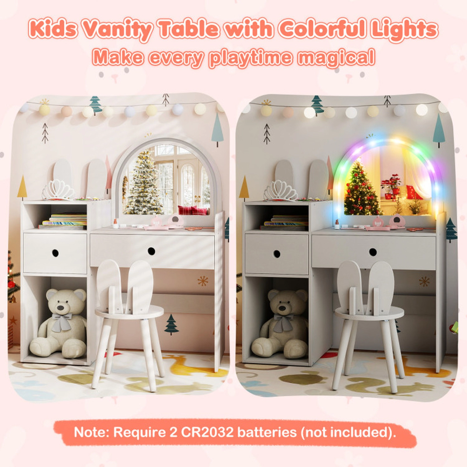 SUGIFT Kids Vanity Table and Stool Set with Lighted Mirror and Open Shelves in White