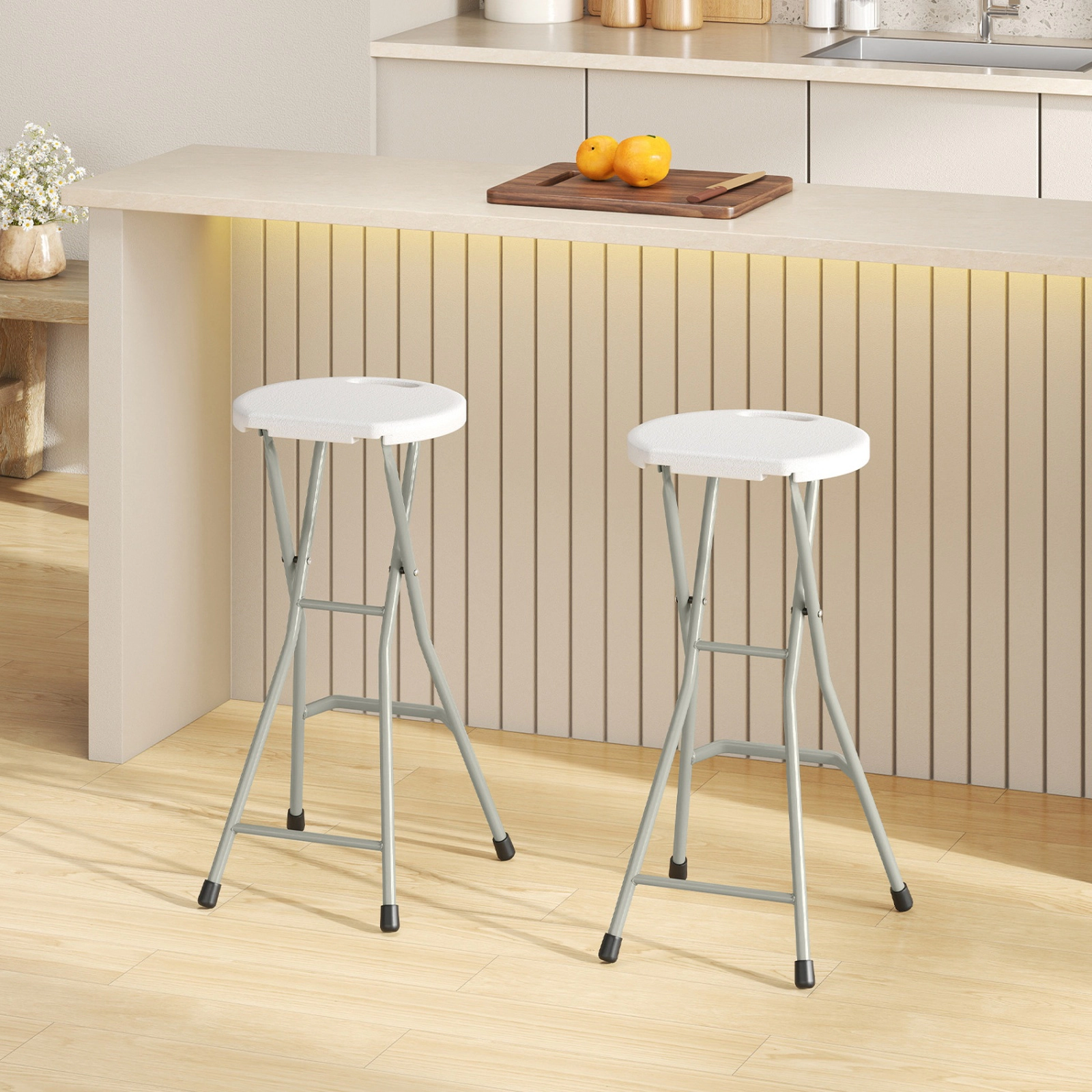 SUGIFT Set of 2 White Portable Folding Bar Height Dining Stools with Steel Frame and Footrest 28-in H