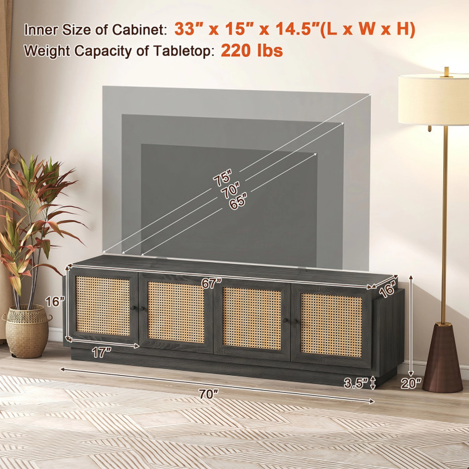SUGIFT Farmhouse TV Stand with PE Rattan Doors and Adjustable Shelves for TVs up to 75 in 220-lb Tabletop Capacity Black