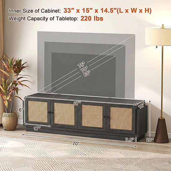 SUGIFT Farmhouse TV Stand with PE Rattan Doors and Adjustable Shelves for TVs up to 75 in 220-lb Tabletop Capacity Black