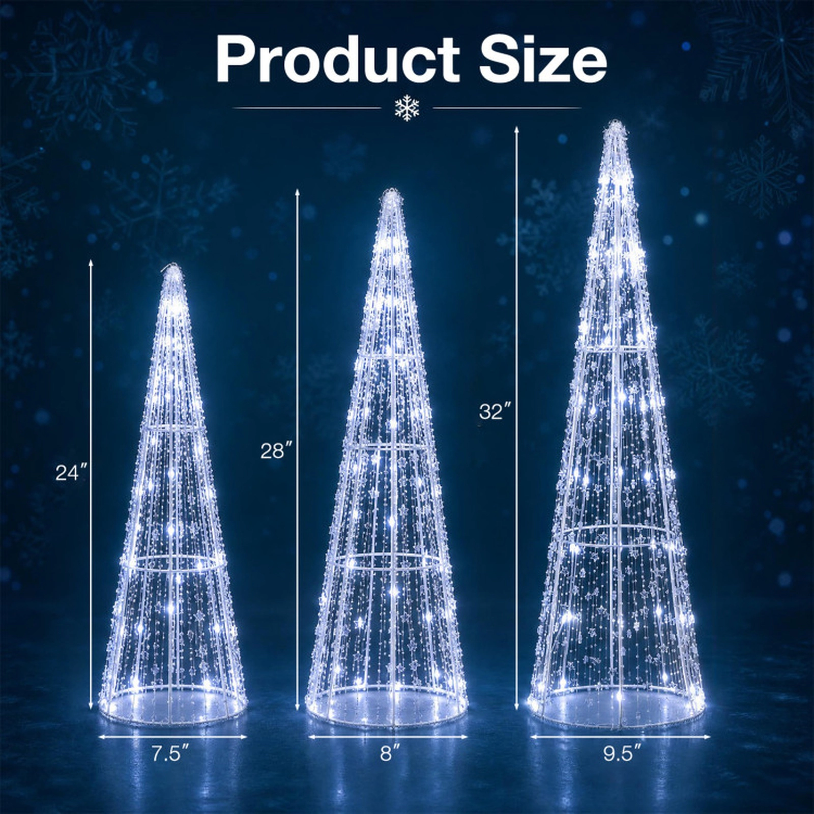 SUGIFT Set of 3 Pre-lit Christmas Cone Trees with Star Strings Metal PS PVC Cold White