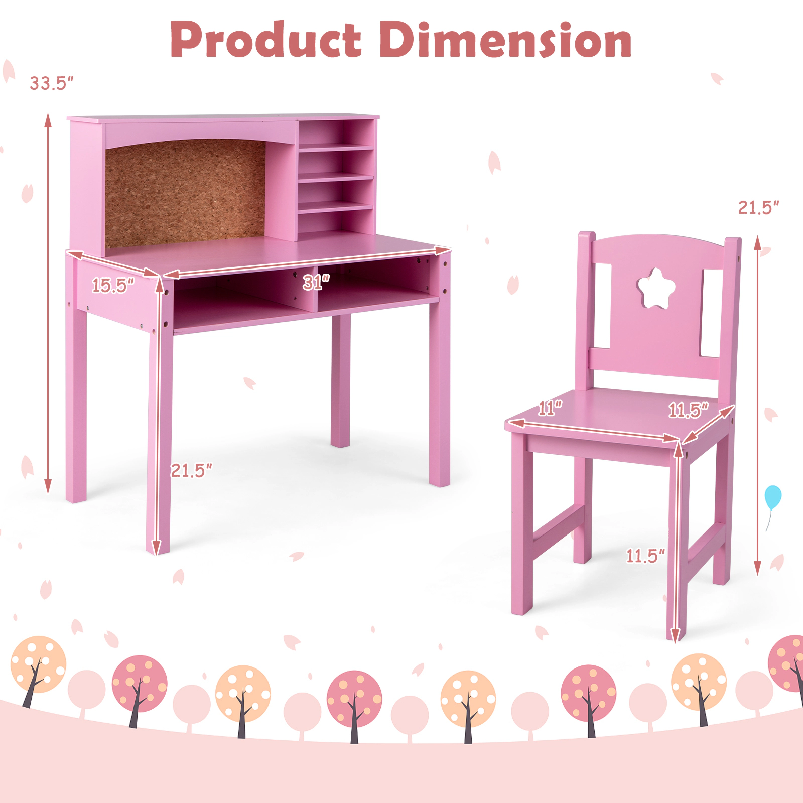 SUGIFT Kids Desk and Chair Set with Hutch and Cork Bulletin Board 44-lb Desk 88-lb Chair Ages 3+ Pink/White