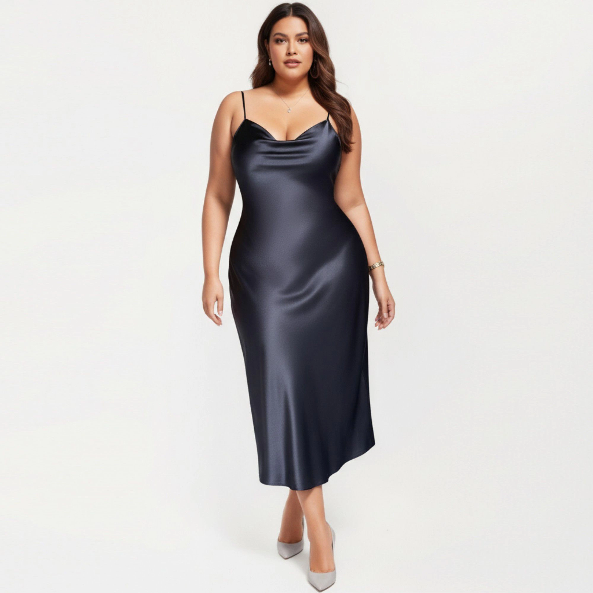 Anna-Kaci Women's Satin Slip Midi Dress with Draped Neckline Adjustable Straps and Soft Body-Skimming Flowing Silhouette