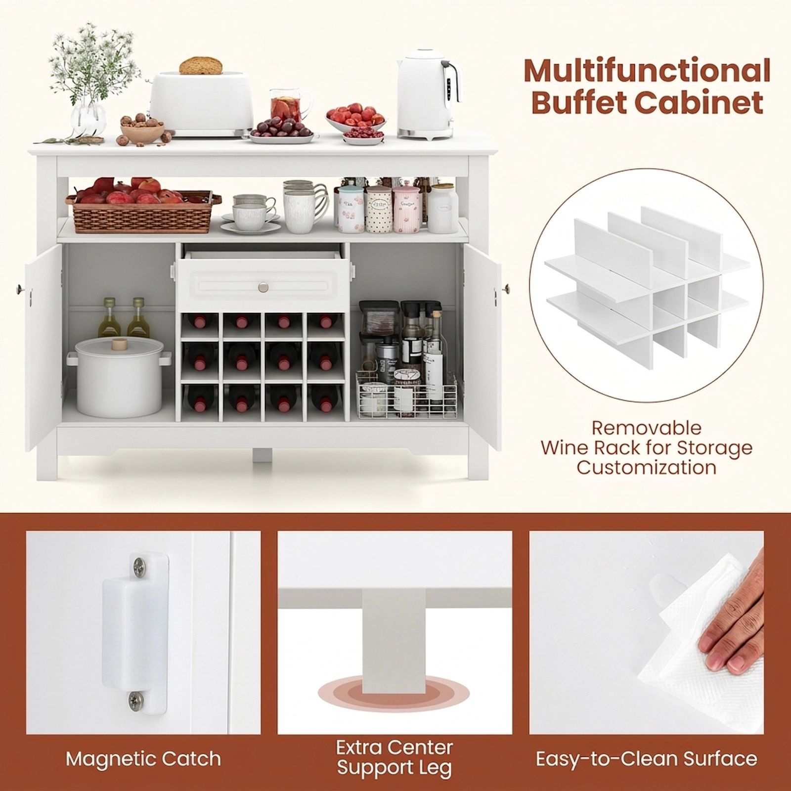 SUGIFT 12-Bottle Removable Rack 2 Side Cabinets Buffet Wine Cabinet 45.5-in x 16-in x 32.5-in 485-lb Capacity White