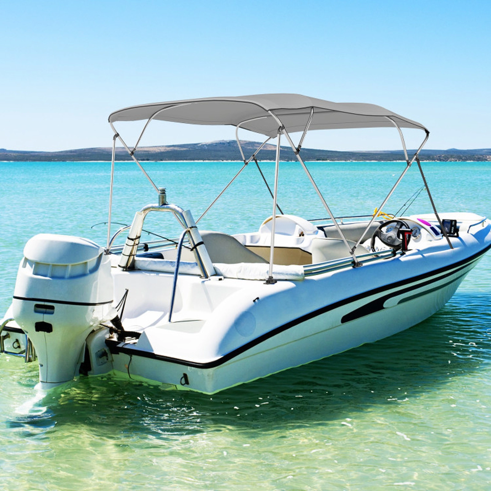 SUGIFT 4-Bow 8-ft Aluminum Boat Bimini Top Sun Shade Canopy with Storage Boot Deck Mounts and Straps