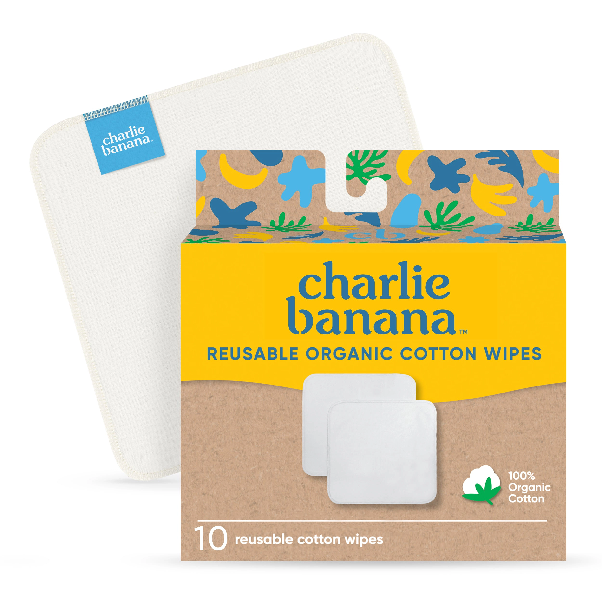 Charlie Banana Organic Cotton Baby Wipes - 10 Reusable 9 x 9 in, OEKO-TEX Certified