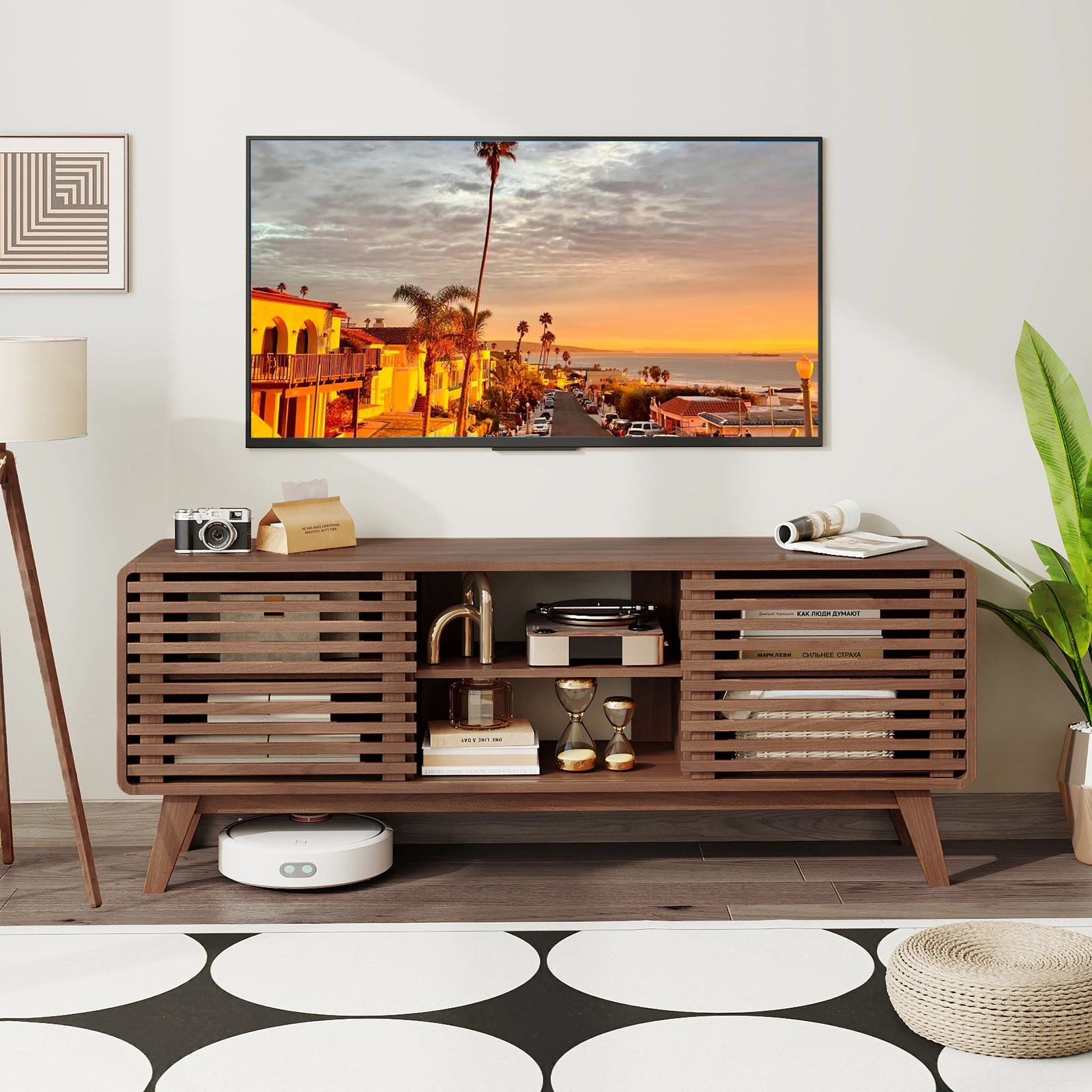 SUGIFT Walnut TV Stand for TVs up to 65 in, 220 lb Top Capacity, Sliding Door Cabinets