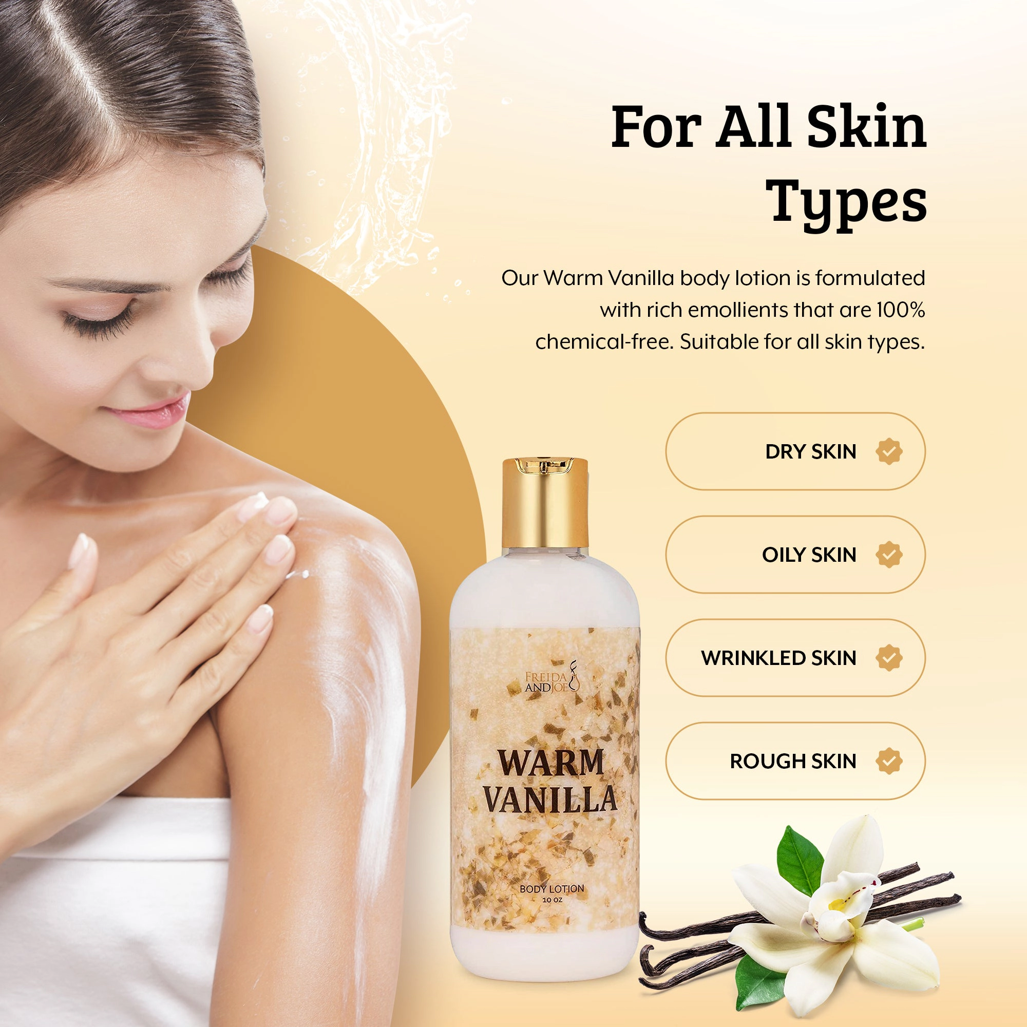 Freida and Joe Womens Warm Vanilla Fragrance Deep Moisturizing Body Lotion in 10oz Bottle
