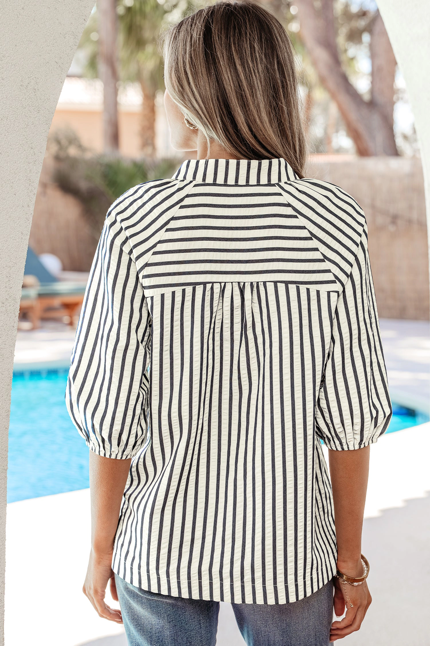 Threaded Pear Womens Harmoni Detail Short Sleeve Blouse